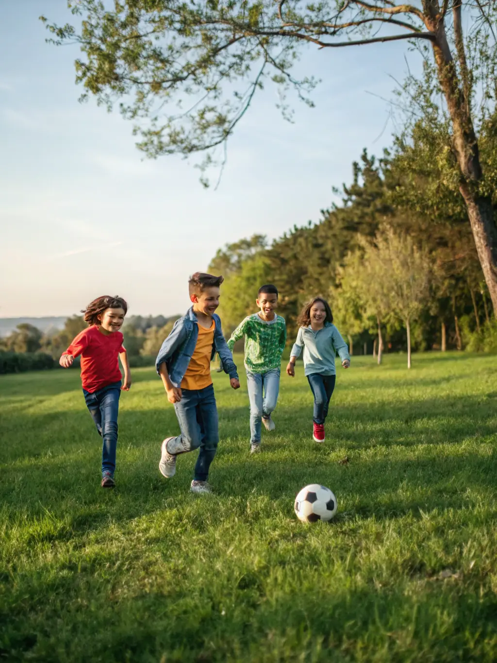 A vibrant image capturing children playing football on a sunny field, showcasing the youth football program at Racing Club de Bolbec.