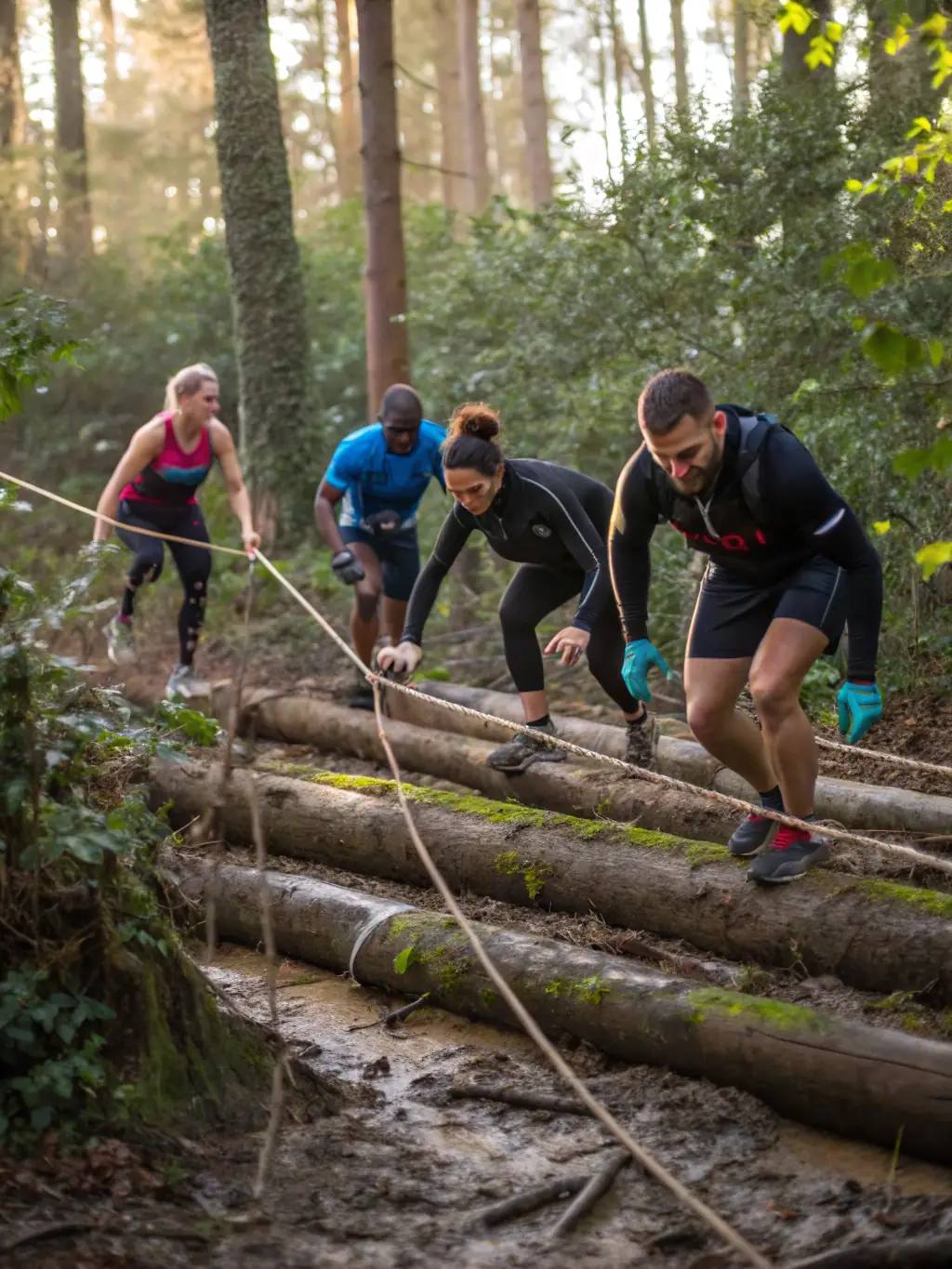 A group of people running a trail in a forest, showcasing the running club activity organized by ESHF.