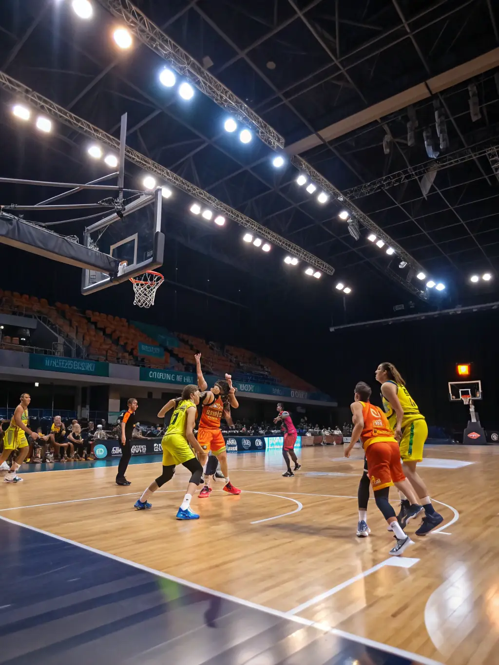 An image of adults playing basketball in a well-lit indoor court, representing the adult basketball league organized by ESHF.