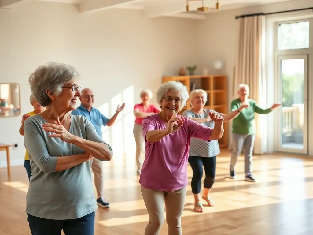 A diverse group of seniors participating in a gentle exercise class, highlighting ESHF's commitment to providing accessible sports for all ages.