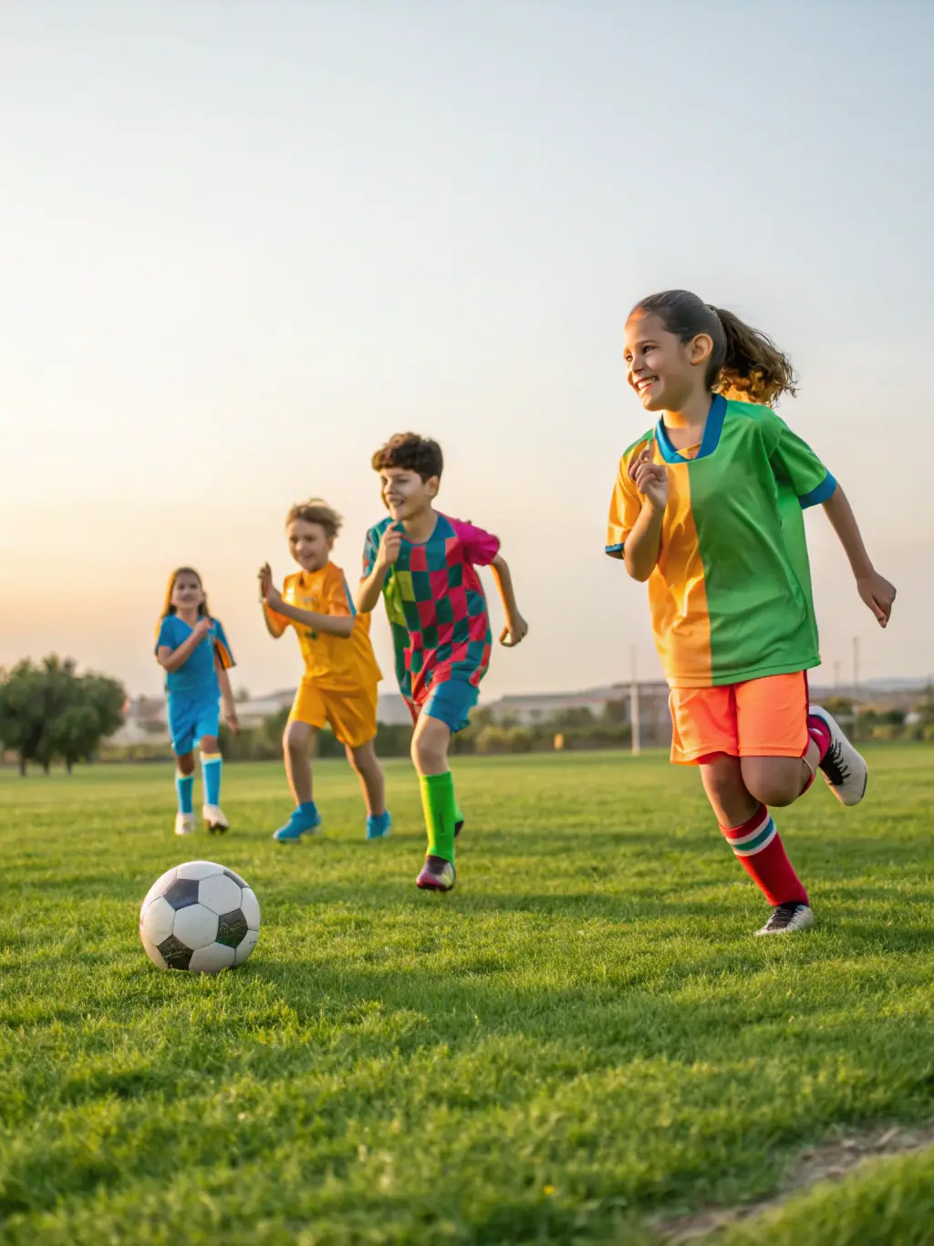 A dynamic image of children participating in a soccer training session, showcasing the youth sports program offered by ESHF.