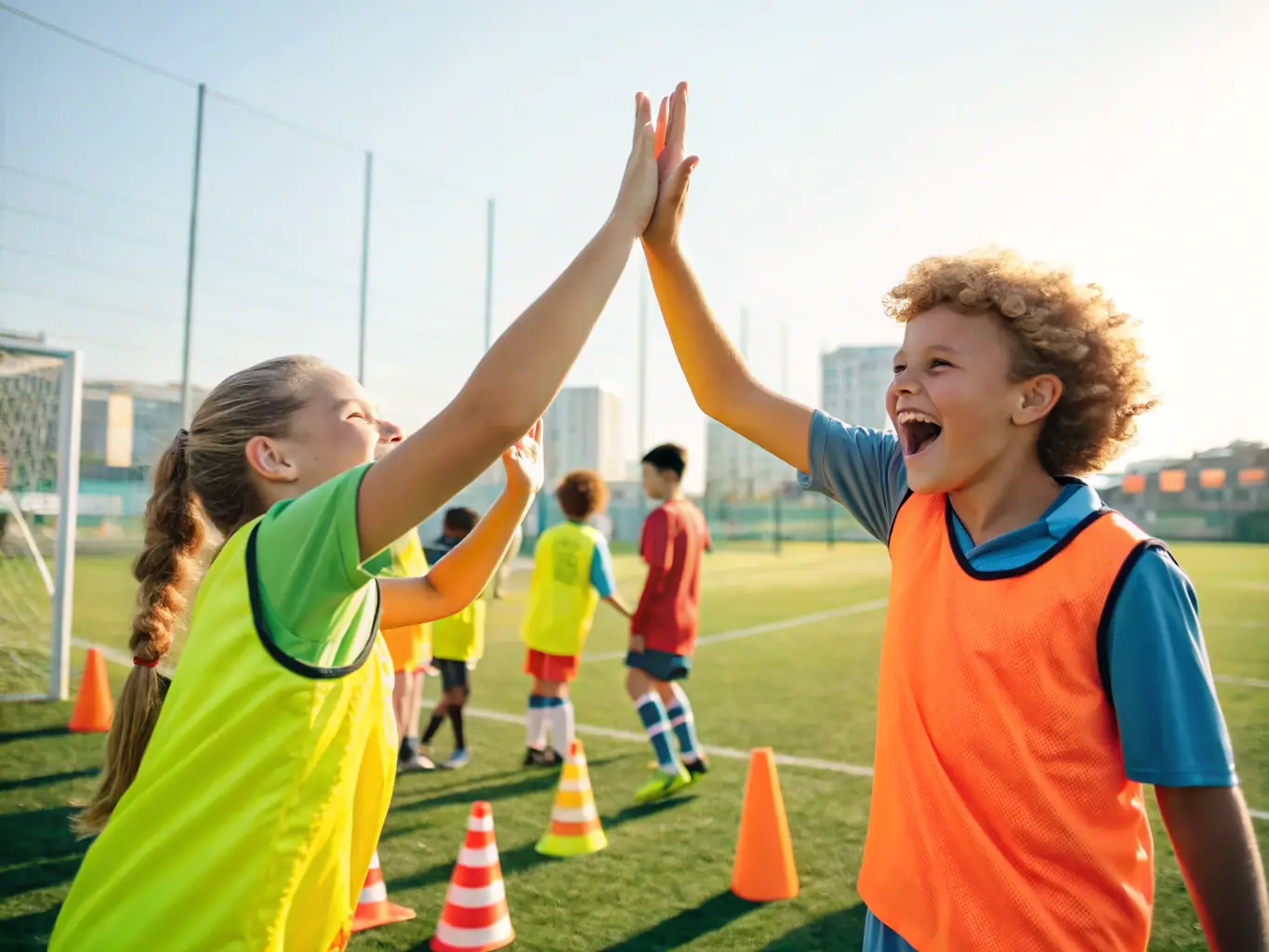 A vibrant image of children participating in a soccer training session, showcasing teamwork and fun, set against the backdrop of a sunny field in Haut Forez.