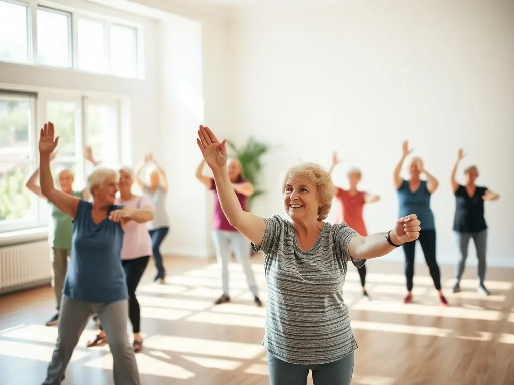 A serene image of seniors participating in a gentle exercise class in a community center, highlighting the inclusivity and health benefits of the program.