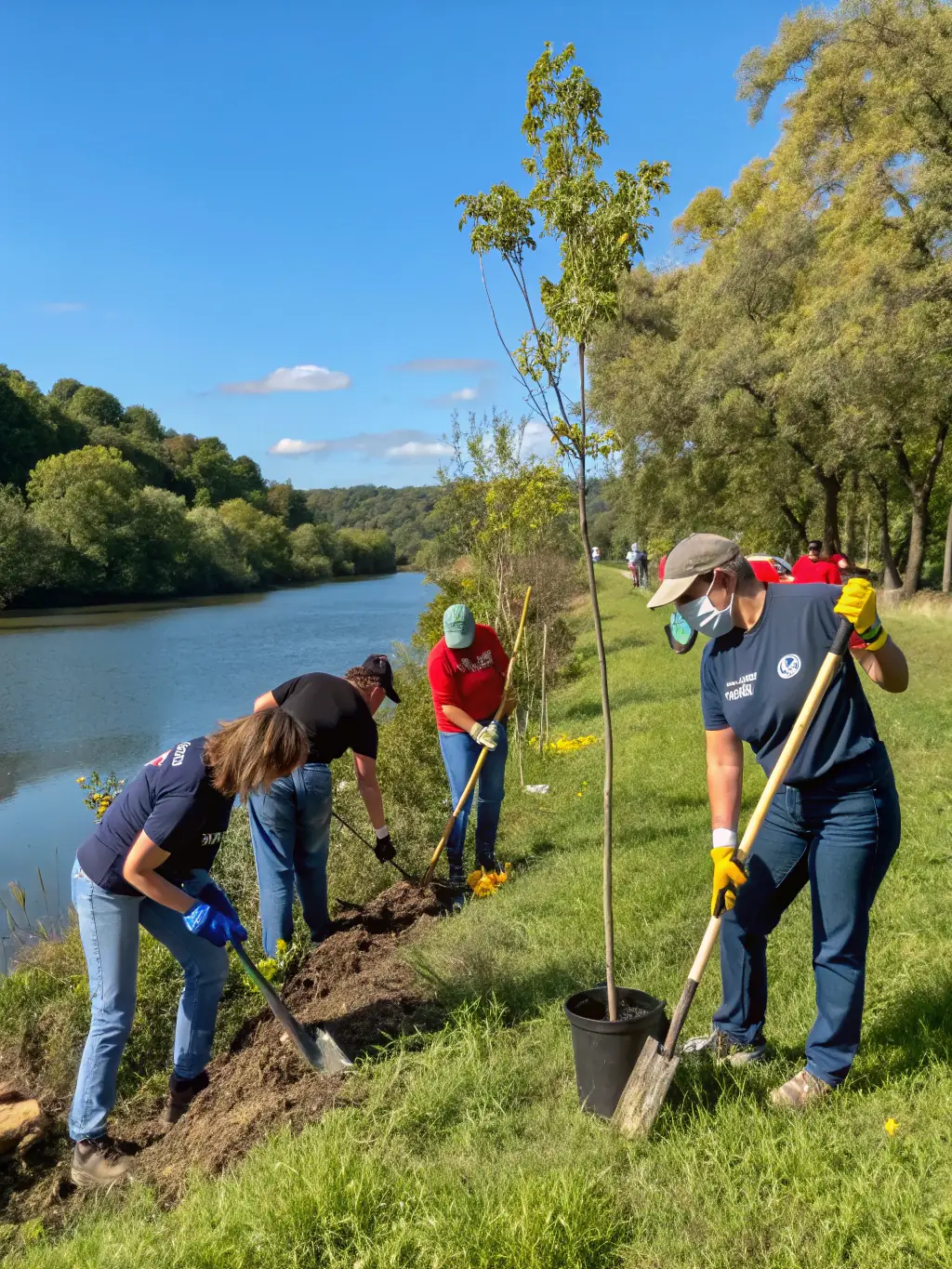 A photograph of volunteers planting native trees along a riverbank in Lozère, illustrating community involvement in reforestation efforts.