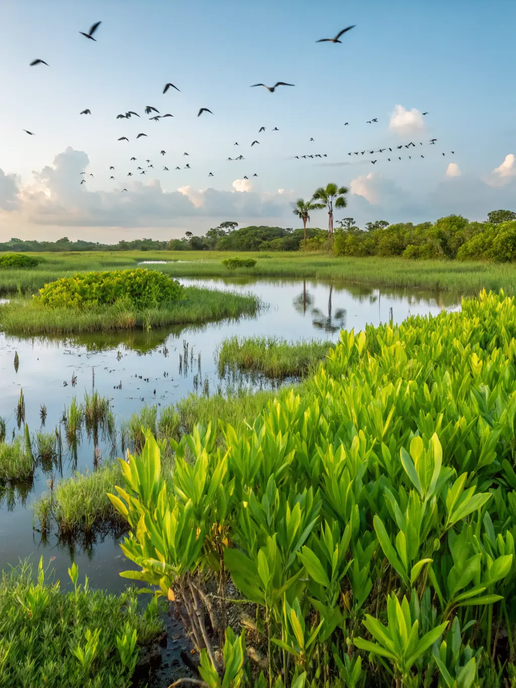 A vibrant image of a restored wetland area in Lozère, showcasing diverse plant and animal life, used to represent the success of habitat restoration programs.